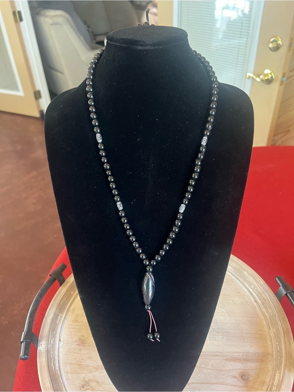 Hand Crafted Black Beaded Pendant Necklace with Iridescent Accent
